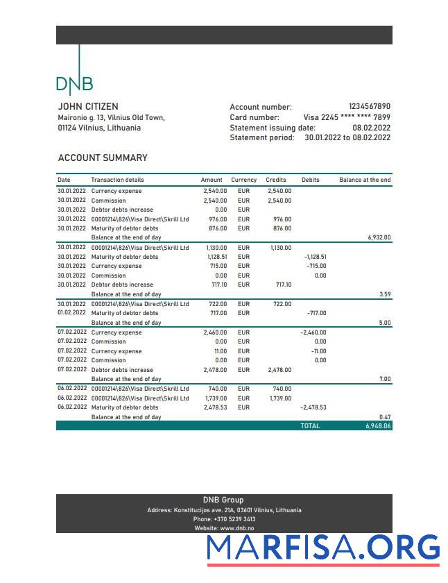 Realistic Lithuania DNB bank statement excel template